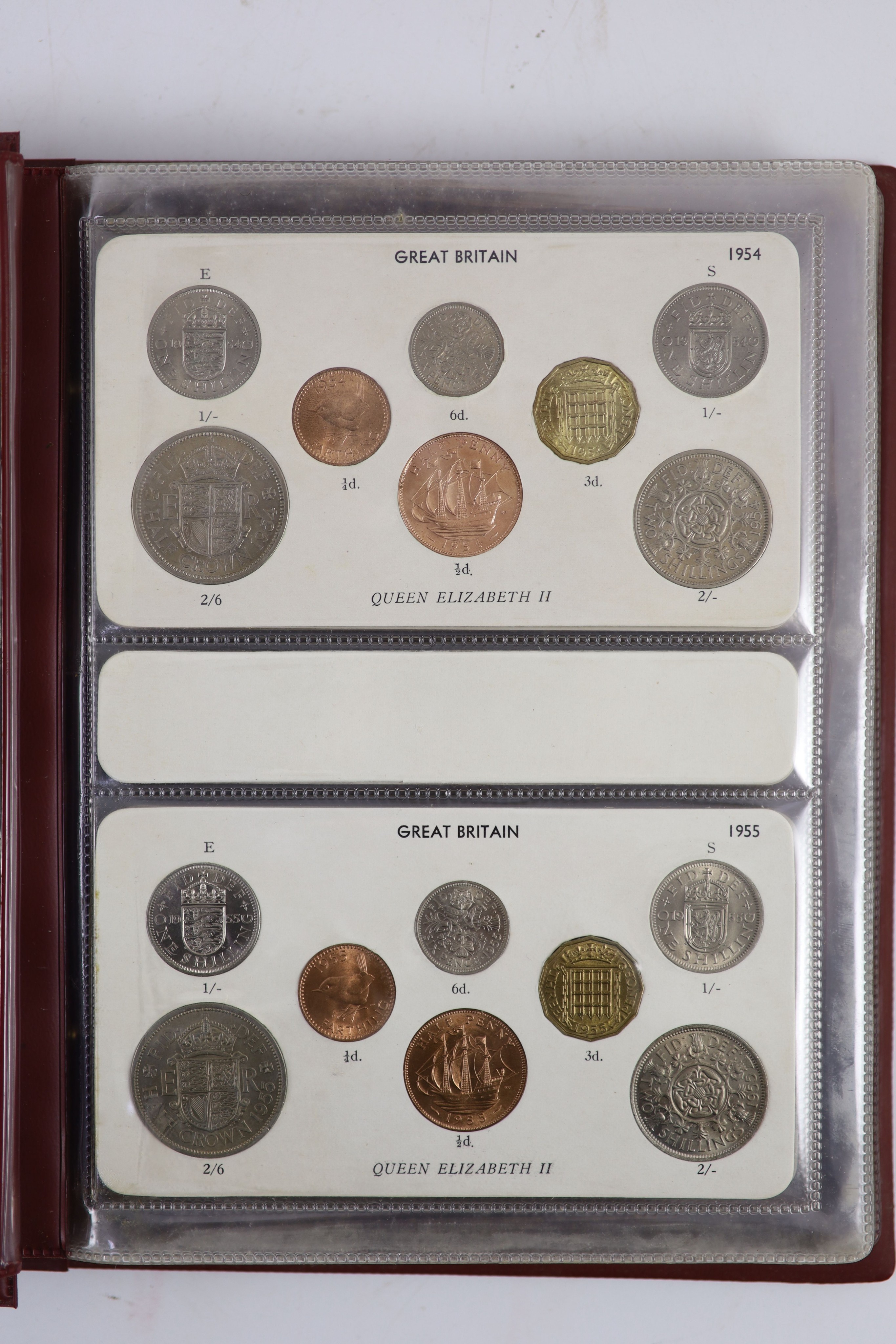 Queen Elizabeth II pre-decimal specimen coin sets for 1953 - 1967, first and second issues, all EF/UNC (15 sets), including 1954, 1957-1959 halfcrowns, florins and shillings, scarce in high grade